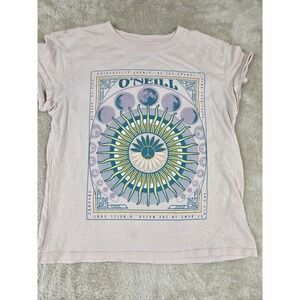 O'Neill‎ Graphic T-Shirt Women's Size S Pink Cosmic Sun Moon Print Short Sleeve